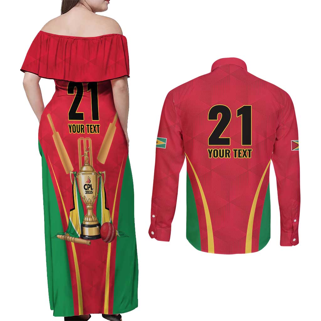 Custom Guyana Victory Run 2025 Couples Matching Off Shoulder Maxi Dress and Long Sleeve Button Shirt Caribbean Cricket Supporter Amazon Warriors - Wonder Print Shop