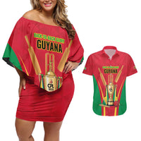 Custom Guyana Victory Run 2025 Couples Matching Off Shoulder Short Dress and Hawaiian Shirt Caribbean Cricket Supporter Amazon Warriors - Wonder Print Shop
