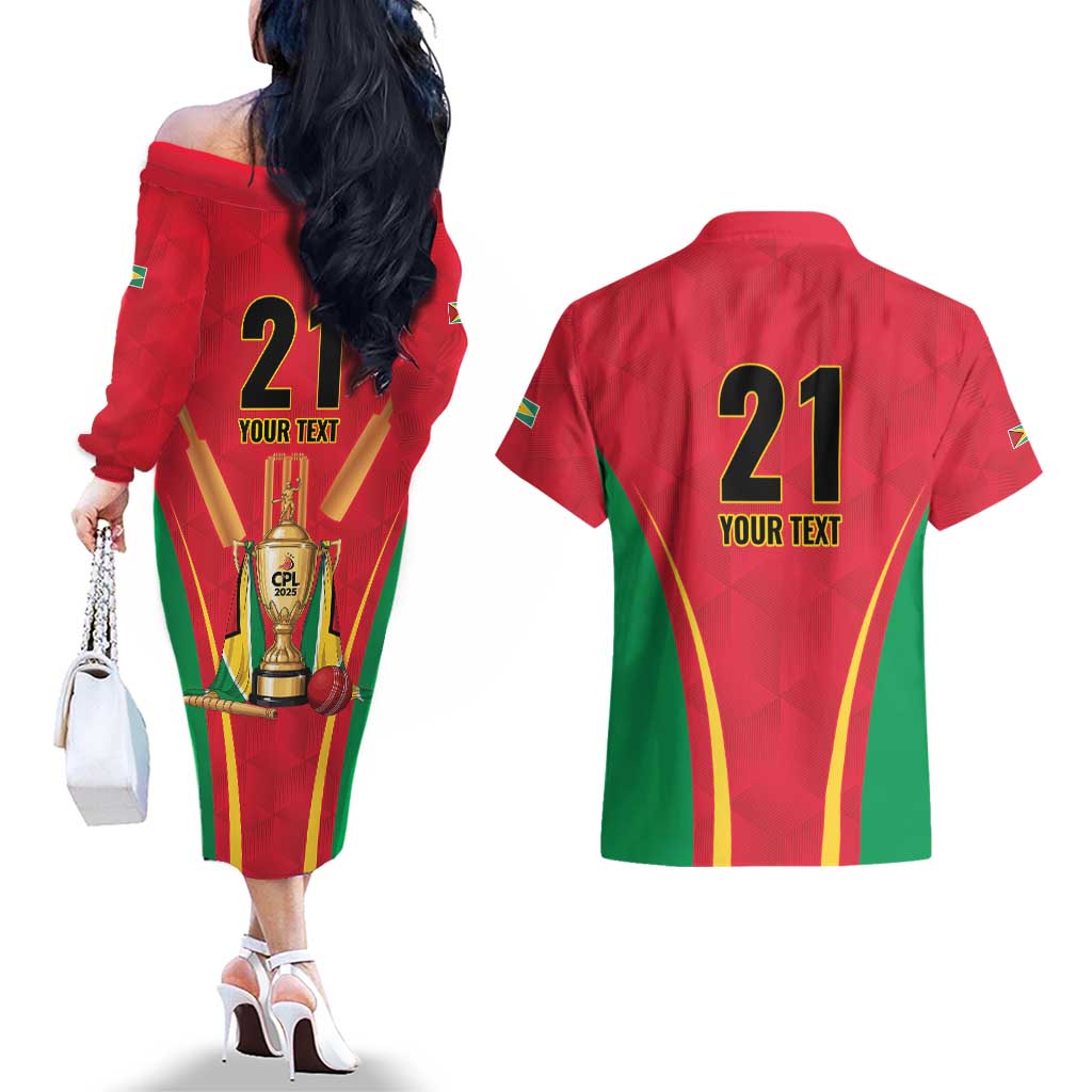 Custom Guyana Victory Run 2025 Couples Matching Off The Shoulder Long Sleeve Dress and Hawaiian Shirt Caribbean Cricket Supporter Amazon Warriors - Wonder Print Shop