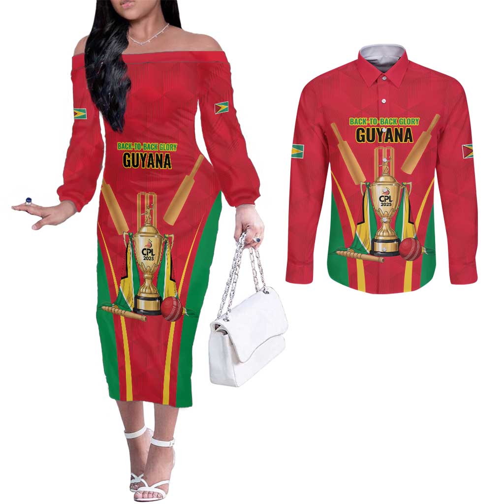 Custom Guyana Victory Run 2025 Couples Matching Off The Shoulder Long Sleeve Dress and Long Sleeve Button Shirt Caribbean Cricket Supporter Amazon Warriors - Wonder Print Shop