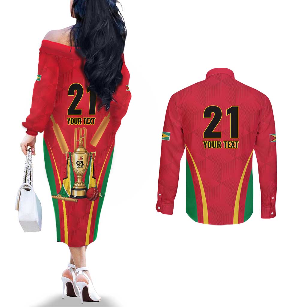 Custom Guyana Victory Run 2025 Couples Matching Off The Shoulder Long Sleeve Dress and Long Sleeve Button Shirt Caribbean Cricket Supporter Amazon Warriors - Wonder Print Shop