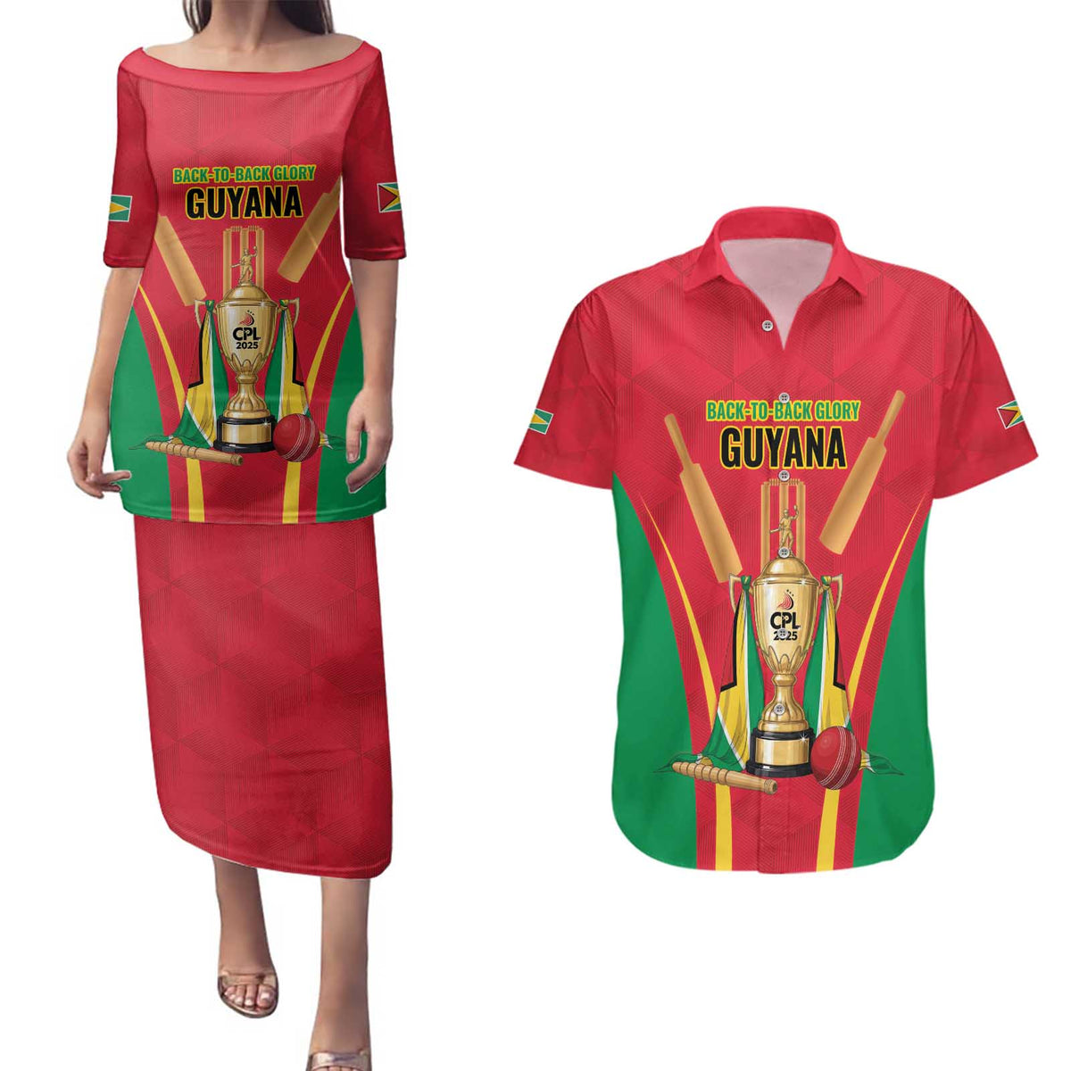 Custom Guyana Victory Run 2025 Couples Matching Puletasi and Hawaiian Shirt Caribbean Cricket Supporter Amazon Warriors - Wonder Print Shop