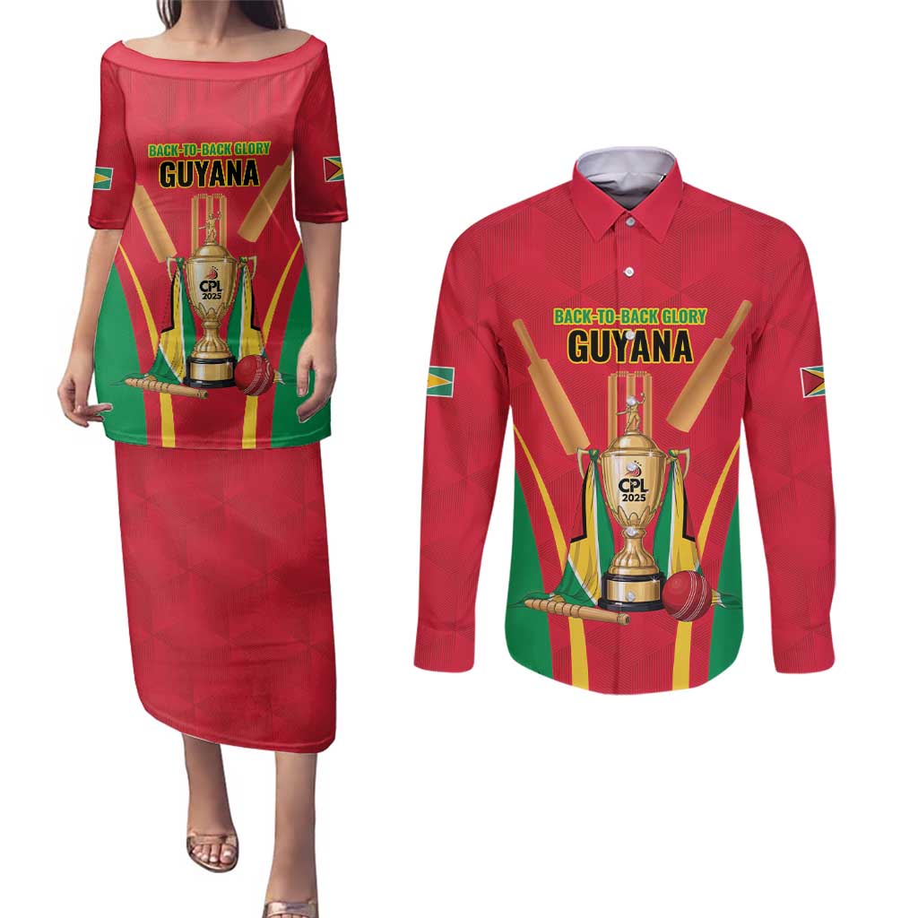 Custom Guyana Victory Run 2025 Couples Matching Puletasi and Long Sleeve Button Shirt Caribbean Cricket Supporter Amazon Warriors - Wonder Print Shop