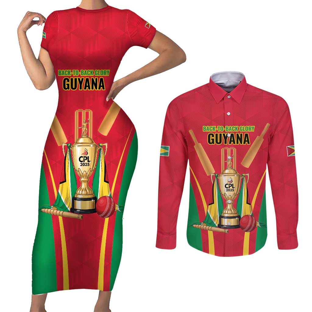 Custom Guyana Victory Run 2025 Couples Matching Short Sleeve Bodycon Dress and Long Sleeve Button Shirt Caribbean Cricket Supporter Amazon Warriors - Wonder Print Shop