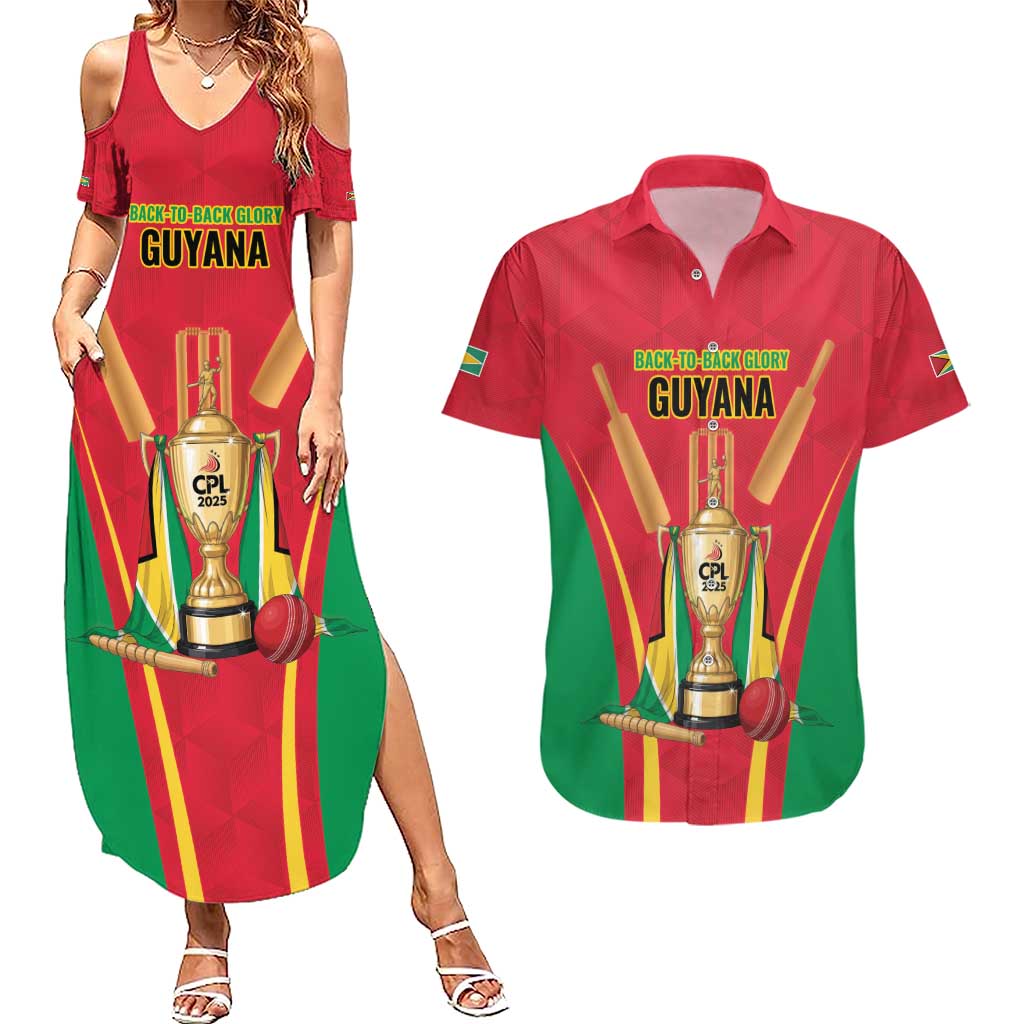 Custom Guyana Victory Run 2025 Couples Matching Summer Maxi Dress and Hawaiian Shirt Caribbean Cricket Supporter Amazon Warriors - Wonder Print Shop