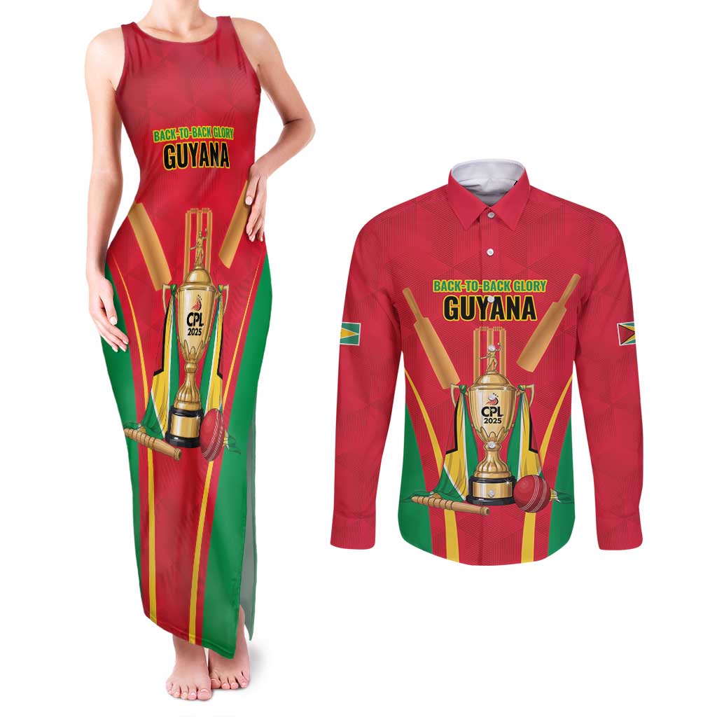 Custom Guyana Victory Run 2025 Couples Matching Tank Maxi Dress and Long Sleeve Button Shirt Caribbean Cricket Supporter Amazon Warriors - Wonder Print Shop