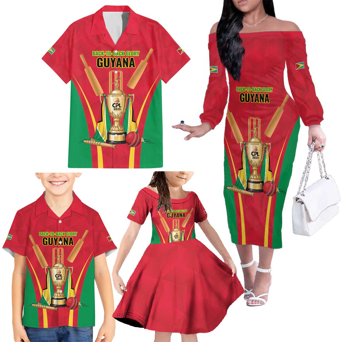 Custom Guyana Victory Run 2025 Family Matching Off The Shoulder Long Sleeve Dress and Hawaiian Shirt Caribbean Cricket Supporter Amazon Warriors - Wonder Print Shop