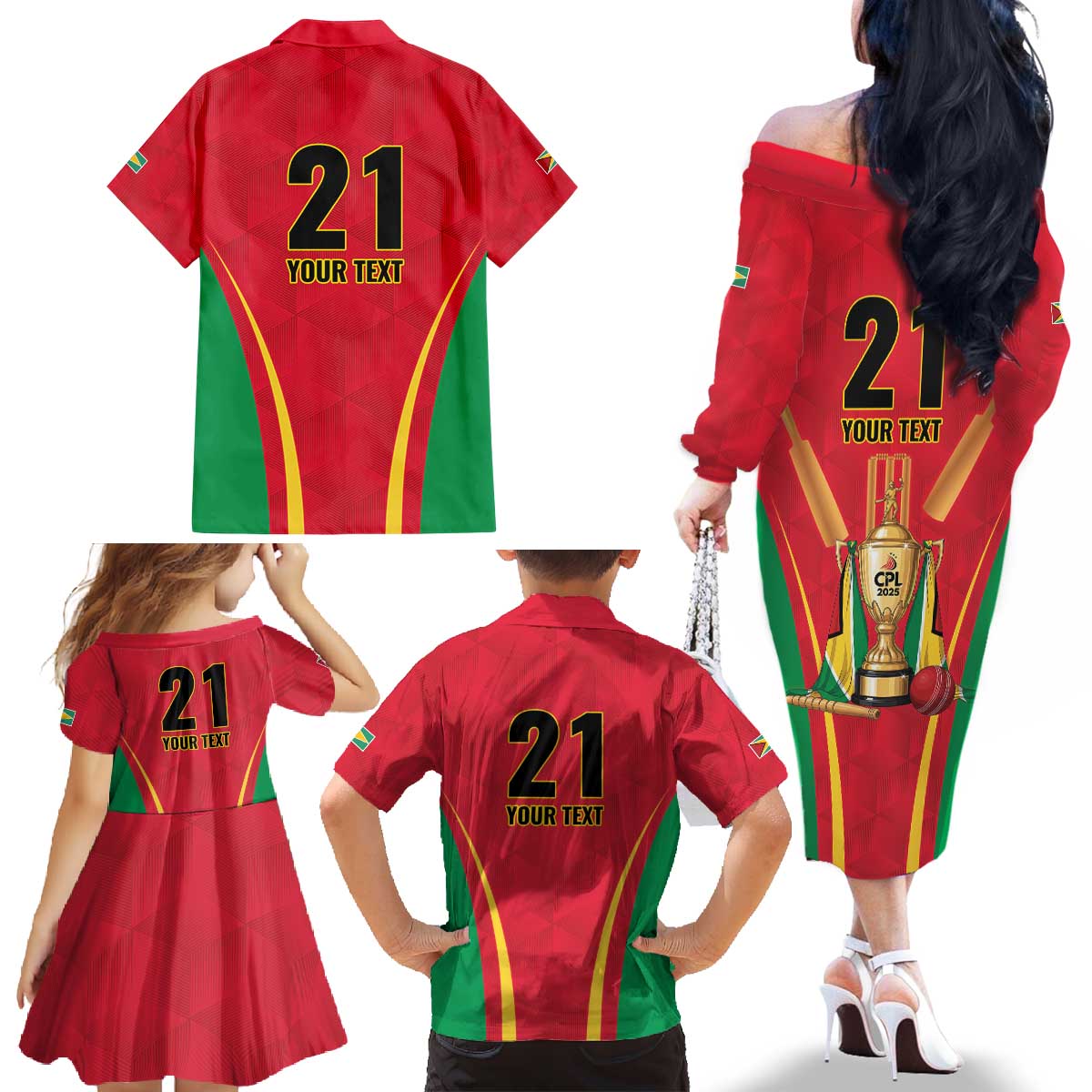 Custom Guyana Victory Run 2025 Family Matching Off The Shoulder Long Sleeve Dress and Hawaiian Shirt Caribbean Cricket Supporter Amazon Warriors - Wonder Print Shop
