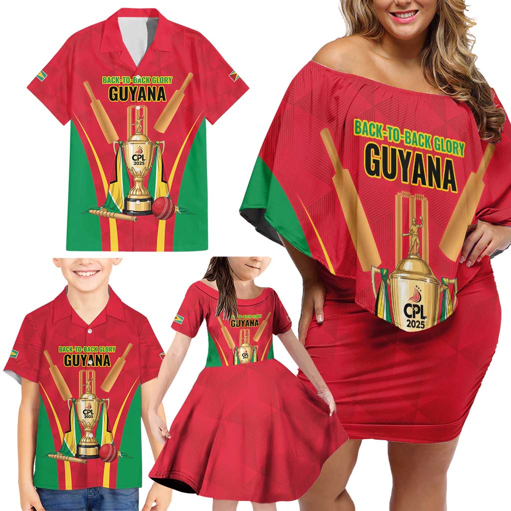 Custom Guyana Victory Run 2025 Family Matching Off Shoulder Short Dress and Hawaiian Shirt Caribbean Cricket Supporter Amazon Warriors - Wonder Print Shop
