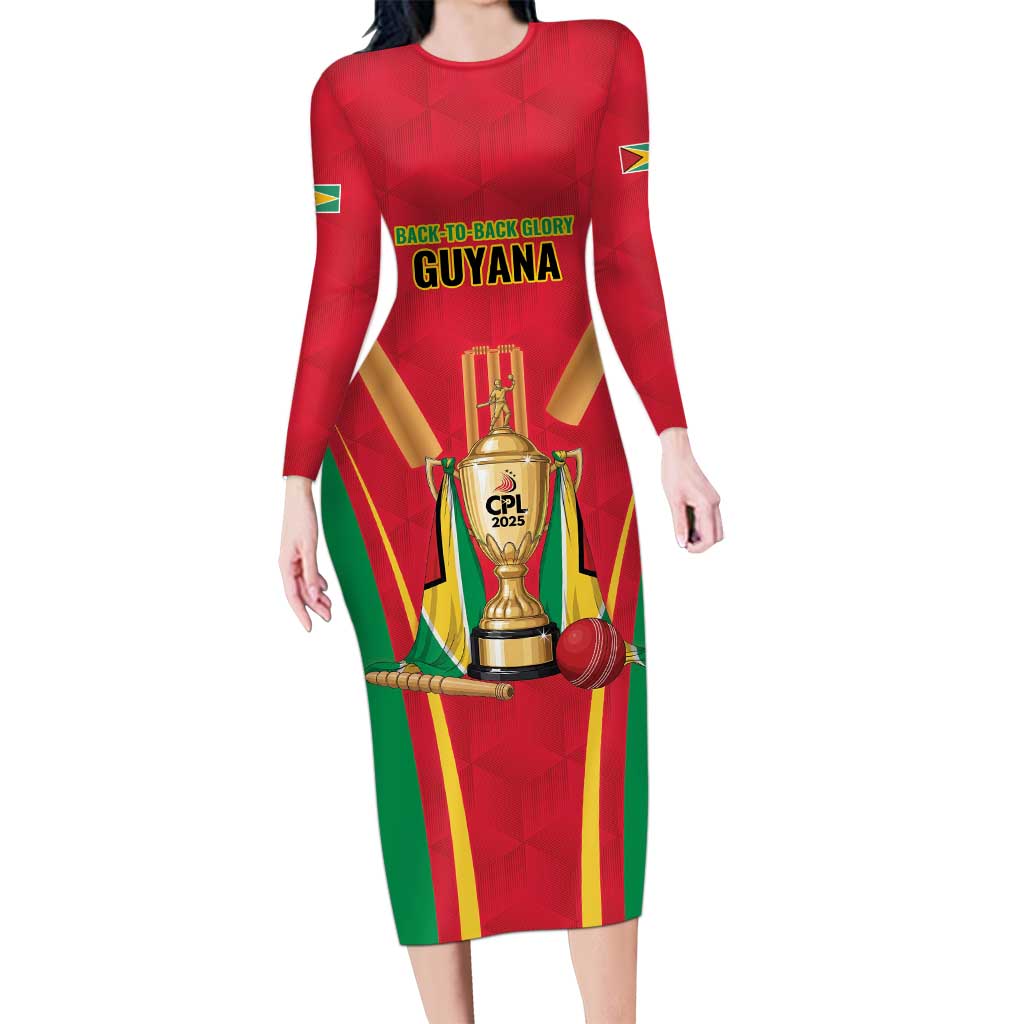 Custom Guyana Victory Run 2025 Long Sleeve Bodycon Dress Caribbean Cricket Supporter Amazon Warriors - Wonder Print Shop