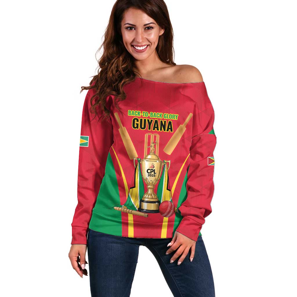 Custom Guyana Victory Run 2025 Off Shoulder Sweater Caribbean Cricket Supporter Amazon Warriors - Wonder Print Shop