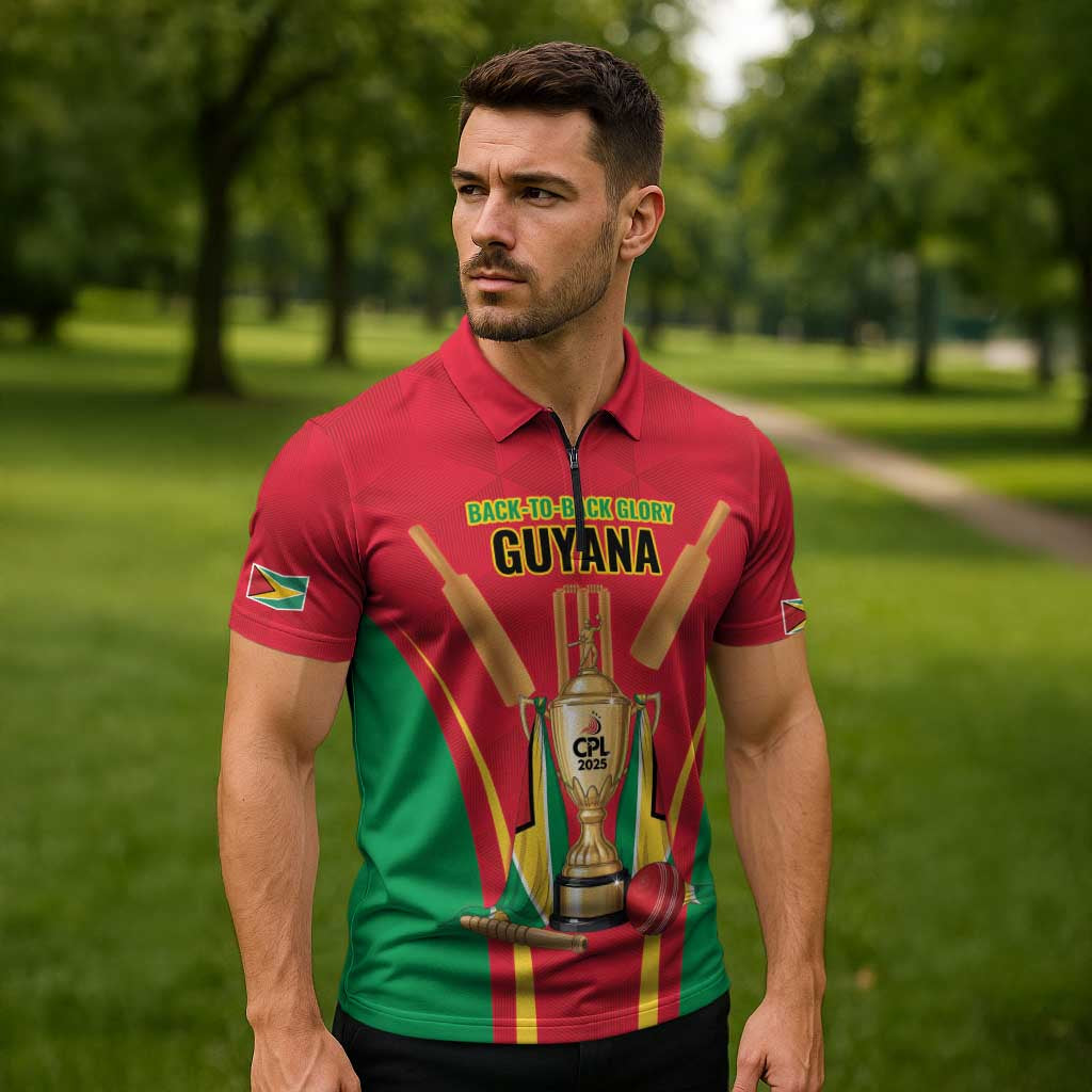 Custom Guyana Victory Run 2025 Zipper Polo Shirt Caribbean Cricket Supporter Amazon Warriors - Wonder Print Shop