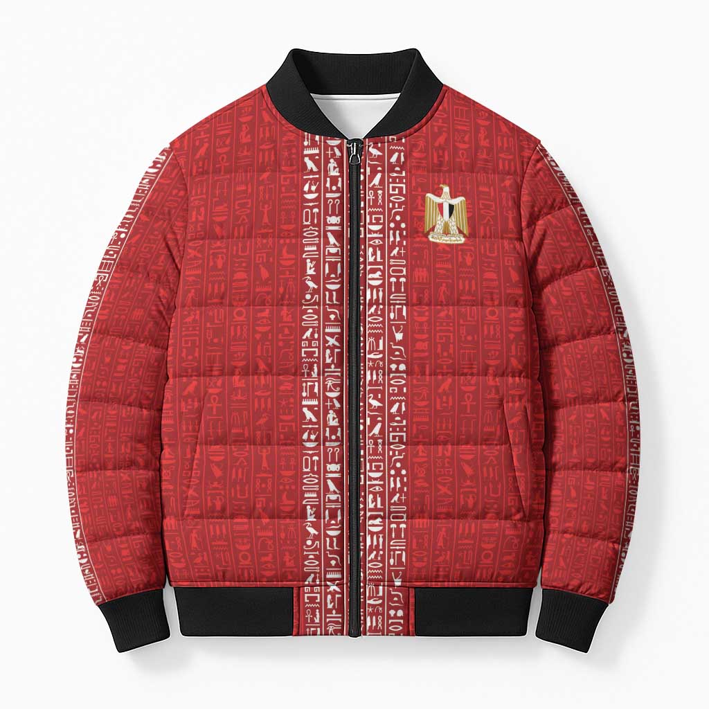World Football 2026 Egypt Custom Bomber Puffer Jacket Red Ancient Egyptian Hieroglyphs - Wonder Print Shop