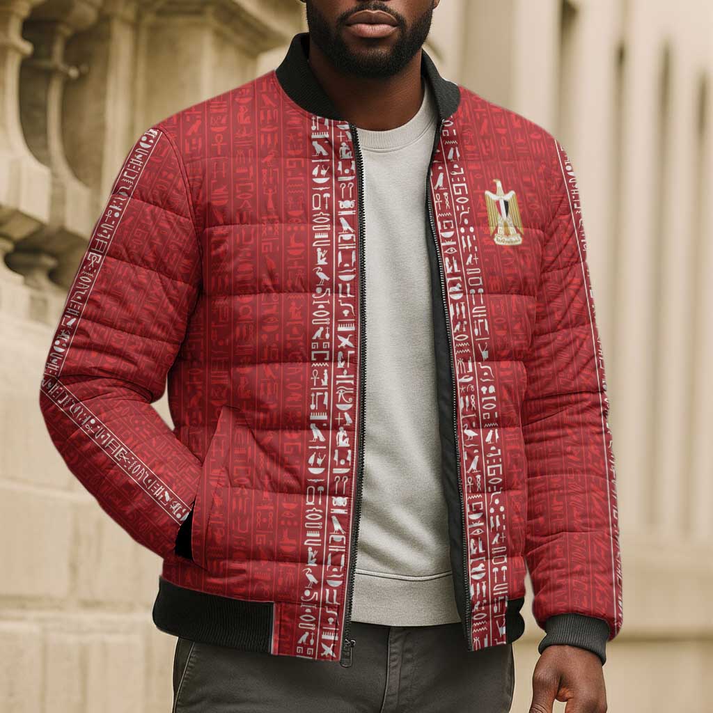 World Football 2026 Egypt Custom Bomber Puffer Jacket Red Ancient Egyptian Hieroglyphs - Wonder Print Shop