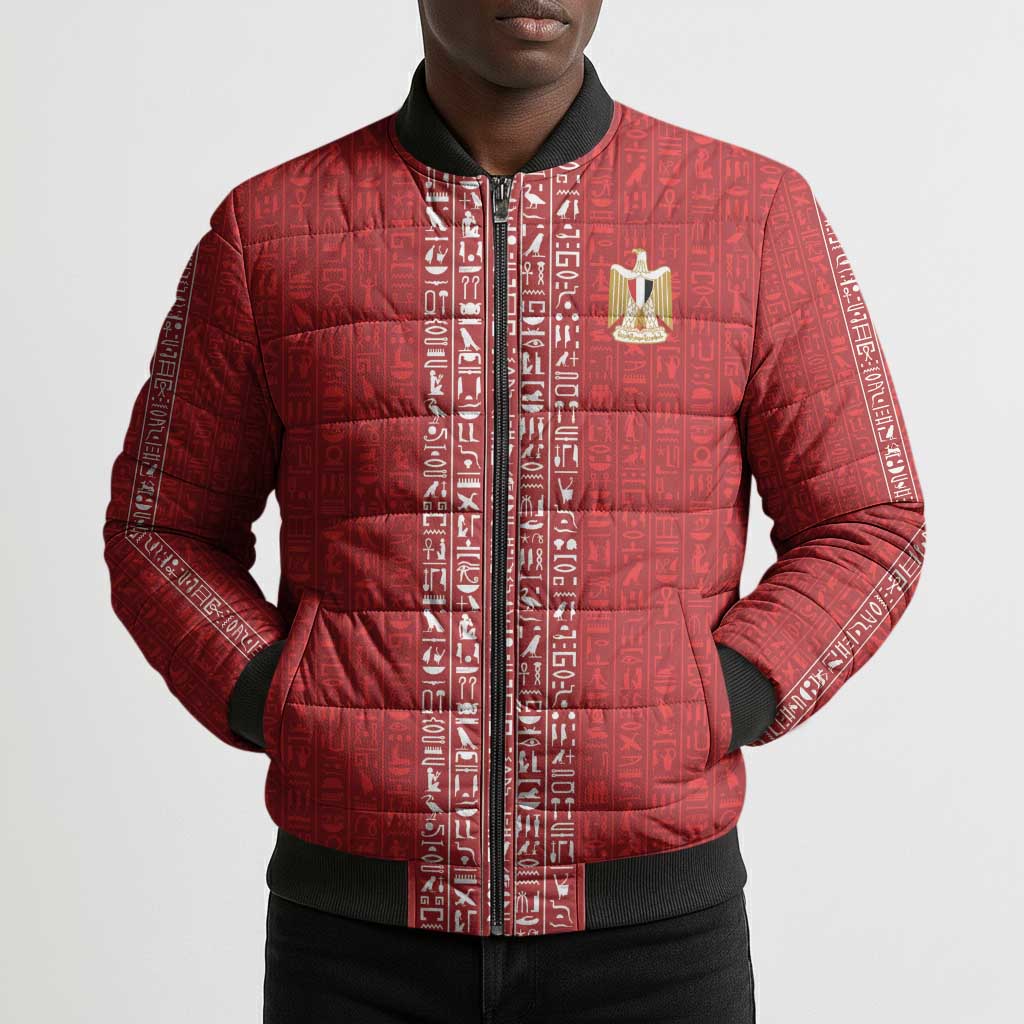 World Football 2026 Egypt Custom Bomber Puffer Jacket Red Ancient Egyptian Hieroglyphs - Wonder Print Shop