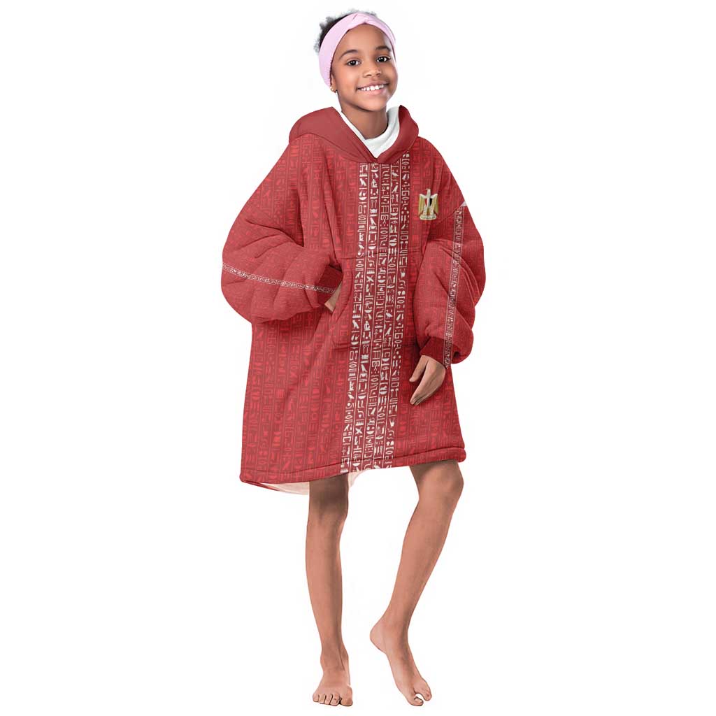 World Football 2026 Egypt Custom Kid Wearable Blanket Hoodie Red Ancient Egyptian Hieroglyphs - Wonder Print Shop