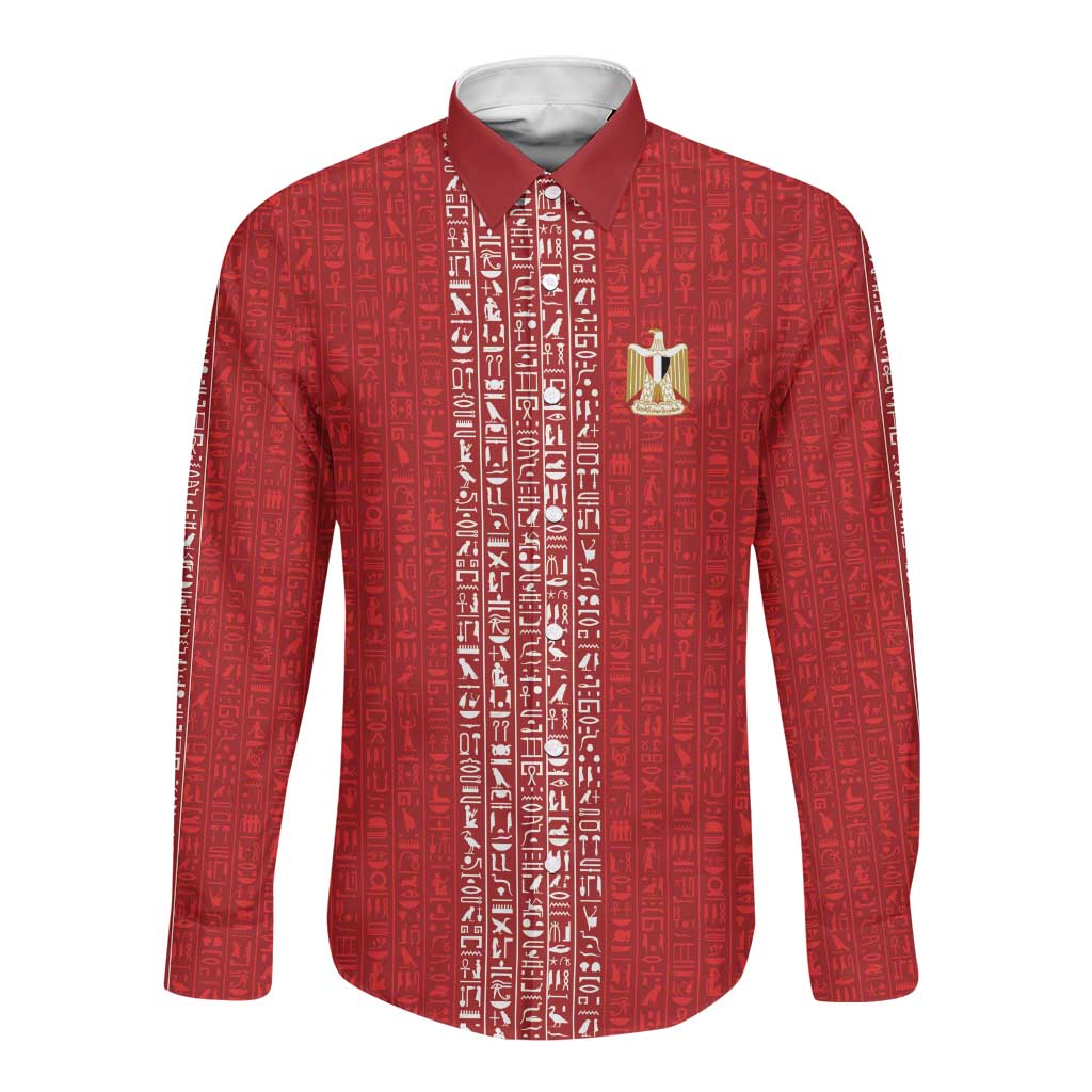World Football 2026 Egypt Custom Long Sleeve Button Shirt Red Ancient Egyptian Hieroglyphs - Wonder Print Shop