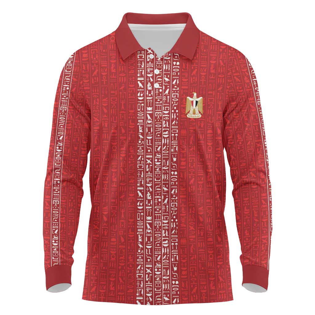 World Football 2026 Egypt Custom Long Sleeve Polo Shirt Red Ancient Egyptian Hieroglyphs - Wonder Print Shop