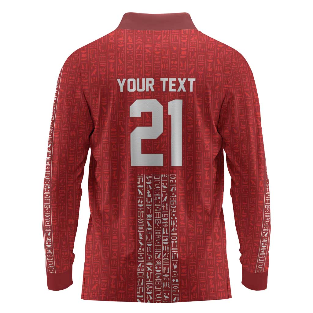 World Football 2026 Egypt Custom Long Sleeve Polo Shirt Red Ancient Egyptian Hieroglyphs - Wonder Print Shop