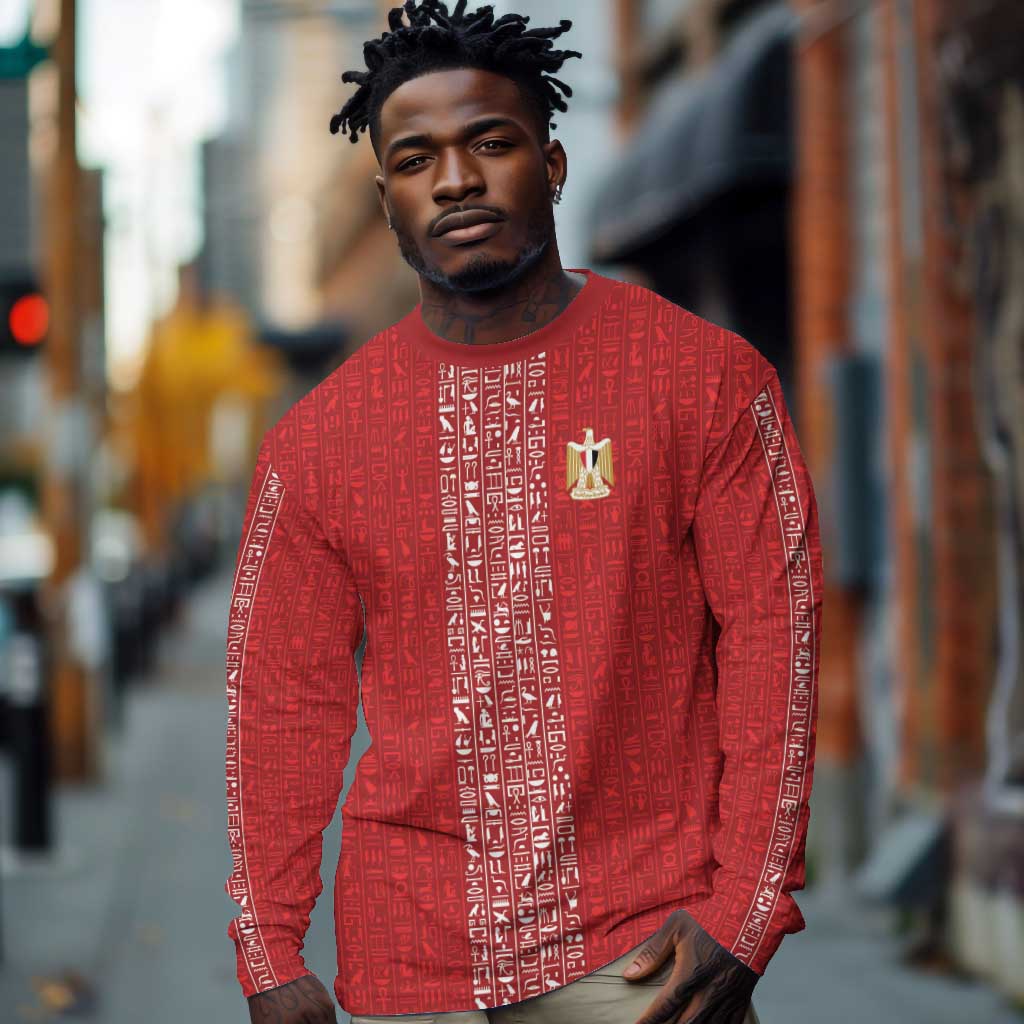 World Football 2026 Egypt Custom Long Sleeve Shirt Red Ancient Egyptian Hieroglyphs - Wonder Print Shop