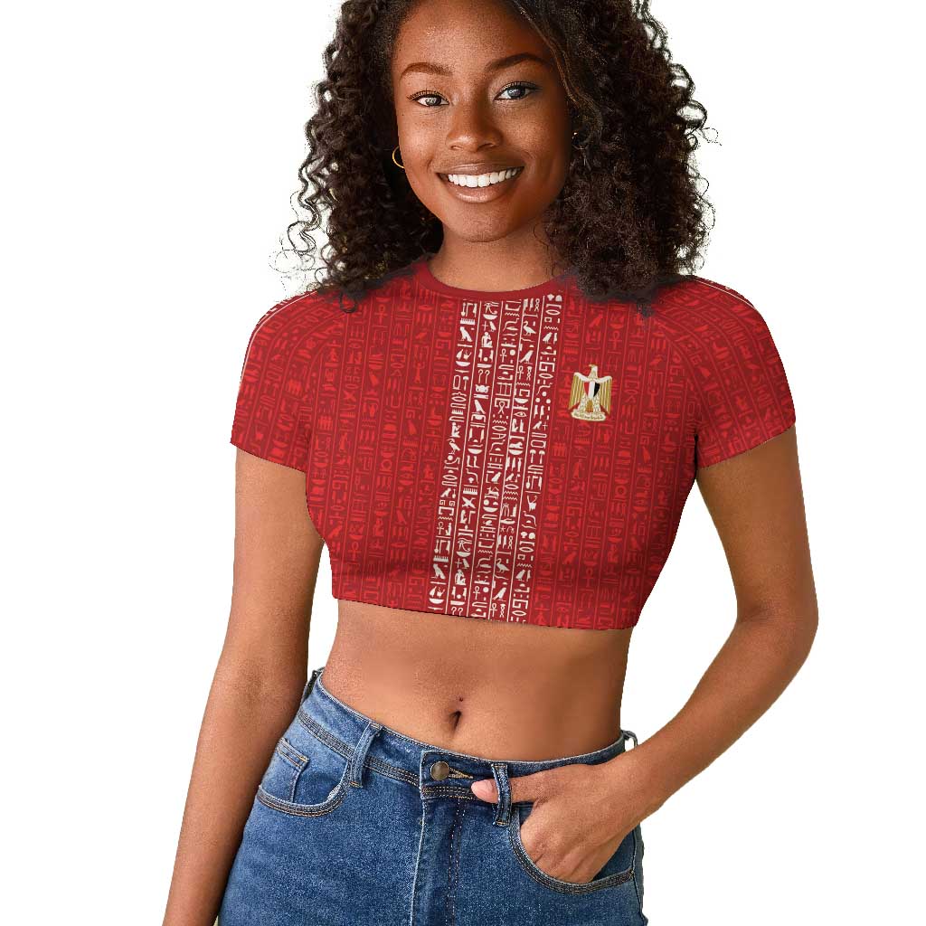World Football 2026 Egypt Custom Raglan Cropped T shirt Red Ancient Egyptian Hieroglyphs LT9