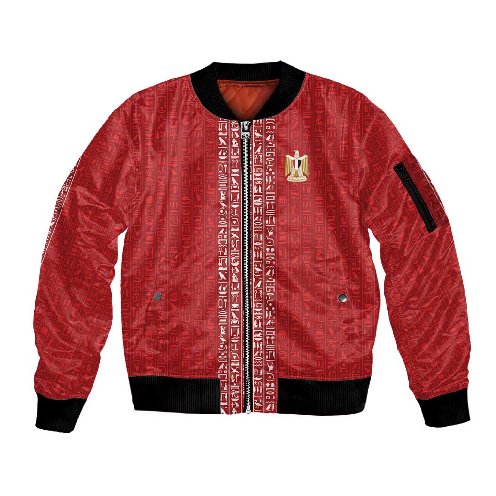 World Football 2026 Egypt Custom Sleeve Zip Bomber Jacket Red Ancient Egyptian Hieroglyphs - Wonder Print Shop