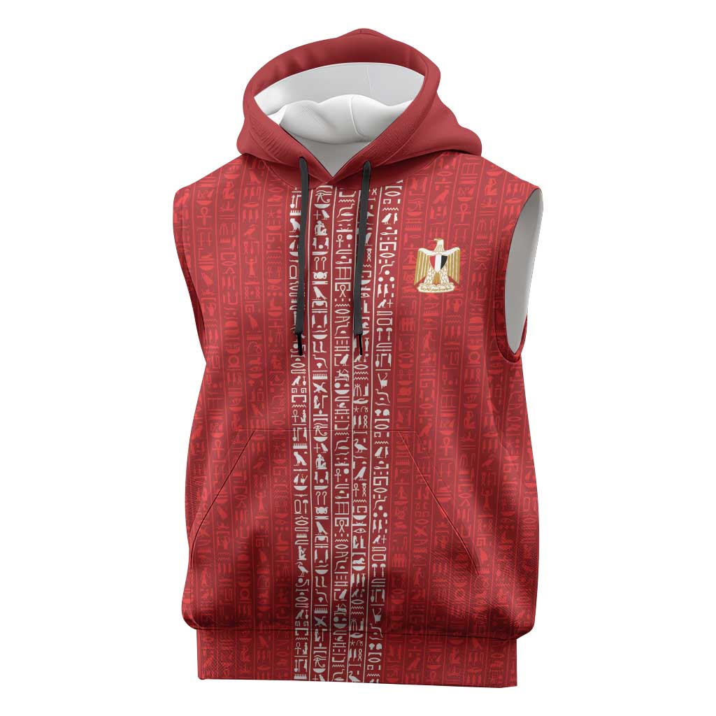 World Football 2026 Egypt Custom Sleeveless Hoodie Red Ancient Egyptian Hieroglyphs - Wonder Print Shop