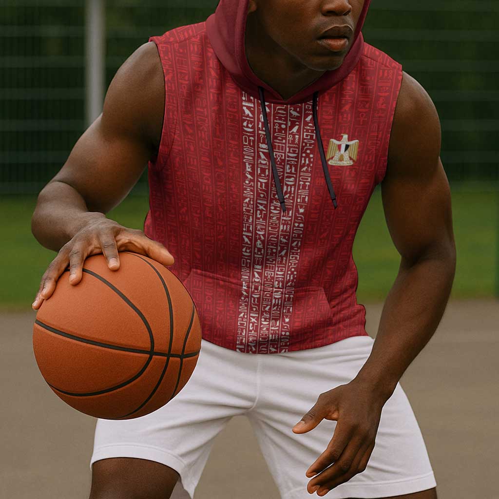 World Football 2026 Egypt Custom Sleeveless Hoodie Red Ancient Egyptian Hieroglyphs - Wonder Print Shop