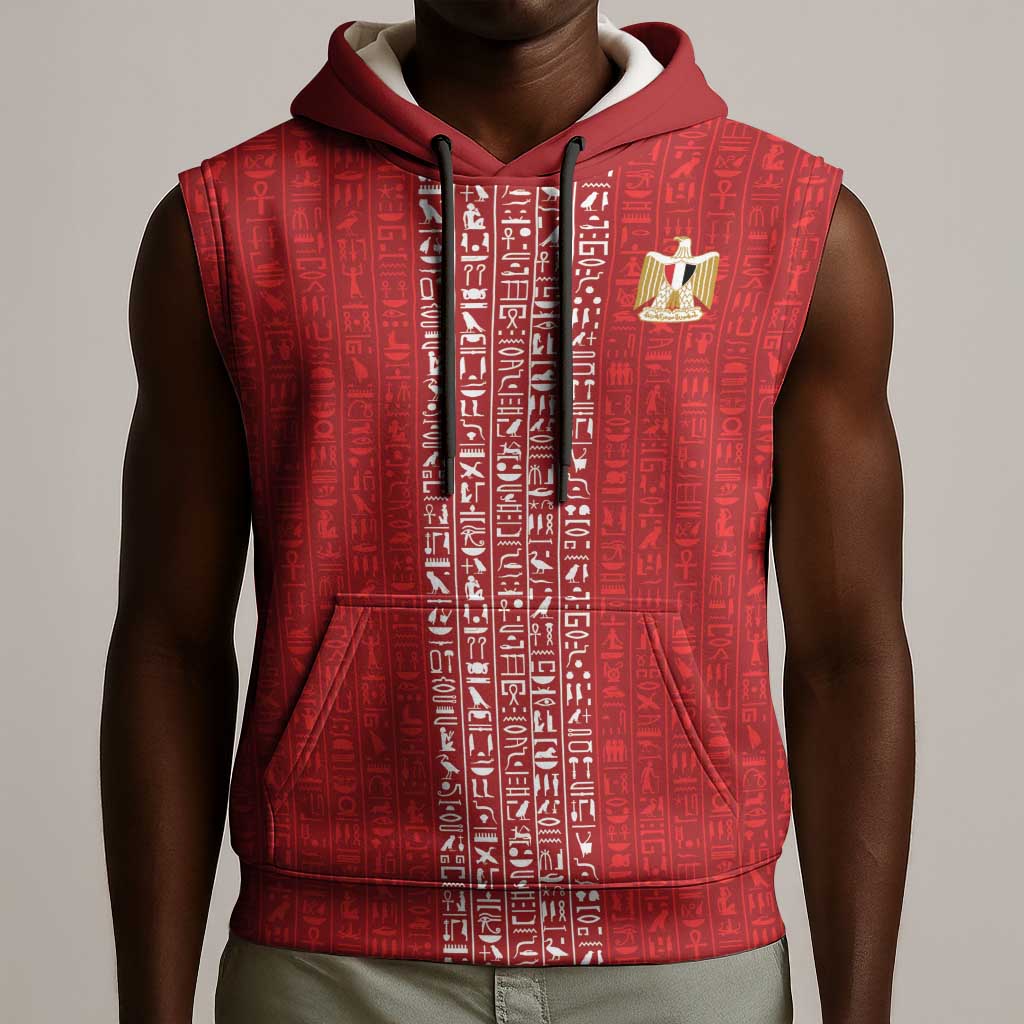 World Football 2026 Egypt Custom Sleeveless Hoodie Red Ancient Egyptian Hieroglyphs - Wonder Print Shop