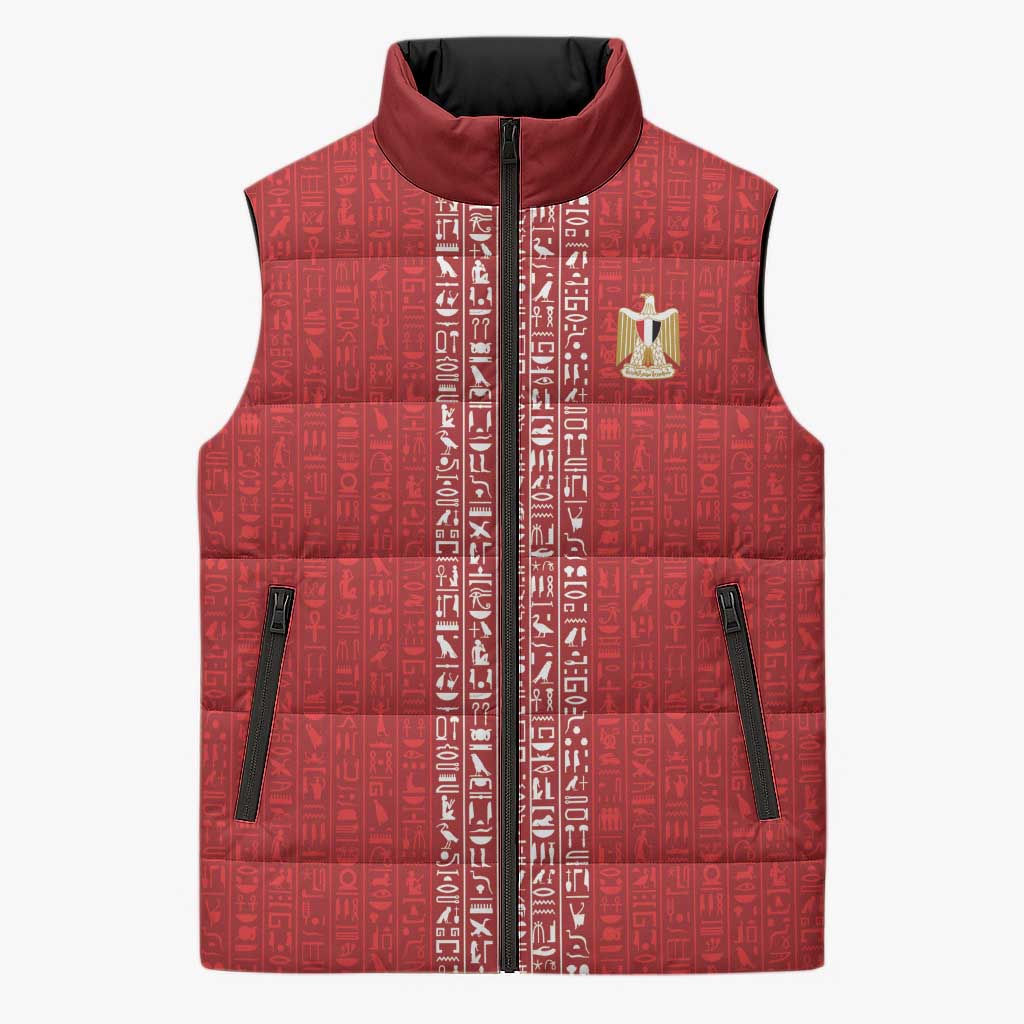 World Football 2026 Egypt Custom Sleeveless Puffer Jacket Red Ancient Egyptian Hieroglyphs - Wonder Print Shop