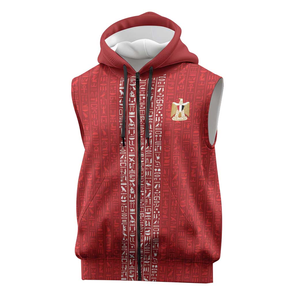 World Football 2026 Egypt Custom Sleeveless Zip Hoodie Red Ancient Egyptian Hieroglyphs - Wonder Print Shop