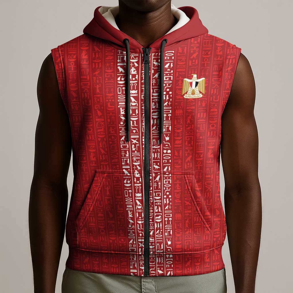 World Football 2026 Egypt Custom Sleeveless Zip Hoodie Red Ancient Egyptian Hieroglyphs - Wonder Print Shop