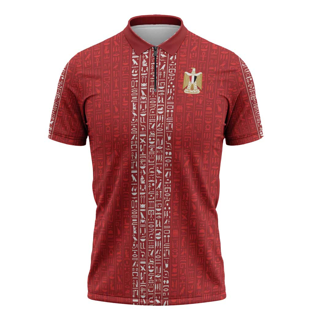 World Football 2026 Egypt Custom Zipper Polo Shirt Red Ancient Egyptian Hieroglyphs - Wonder Print Shop