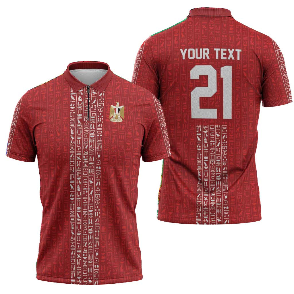 World Football 2026 Egypt Custom Zipper Polo Shirt Red Ancient Egyptian Hieroglyphs - Wonder Print Shop