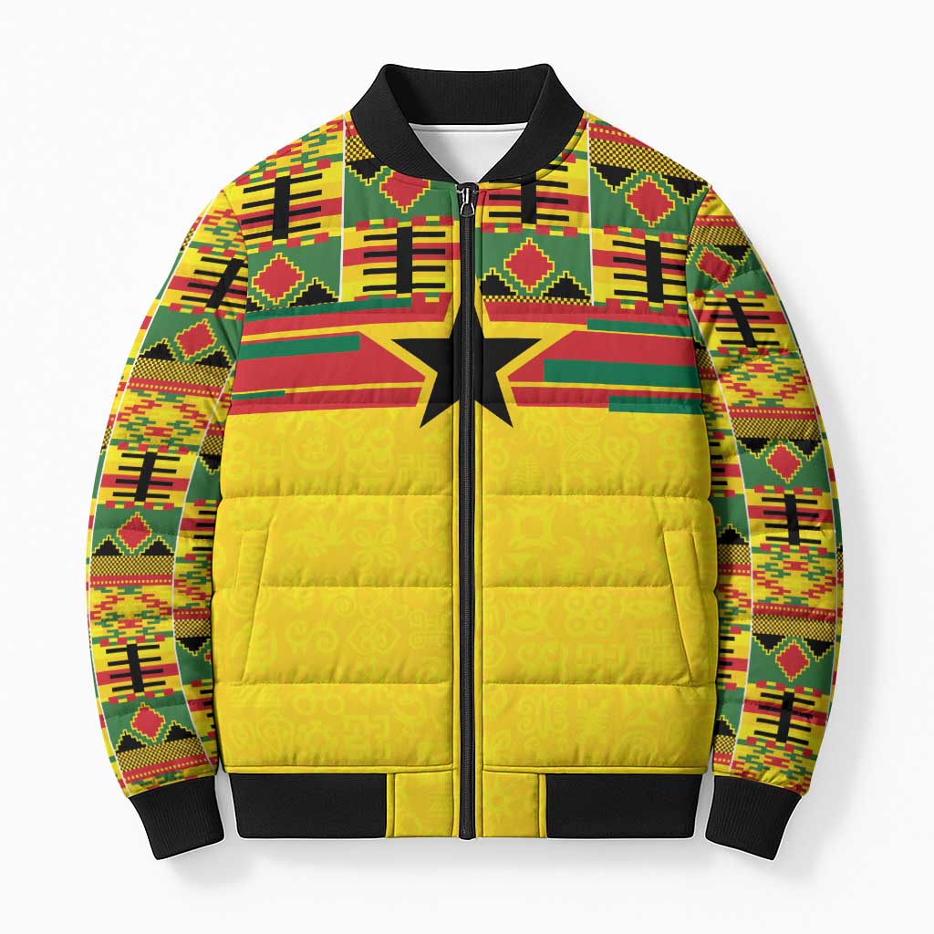World Football 2026 Ghana Custom Bomber Puffer Jacket Black Stars African Kente Pattern - Wonder Print Shop