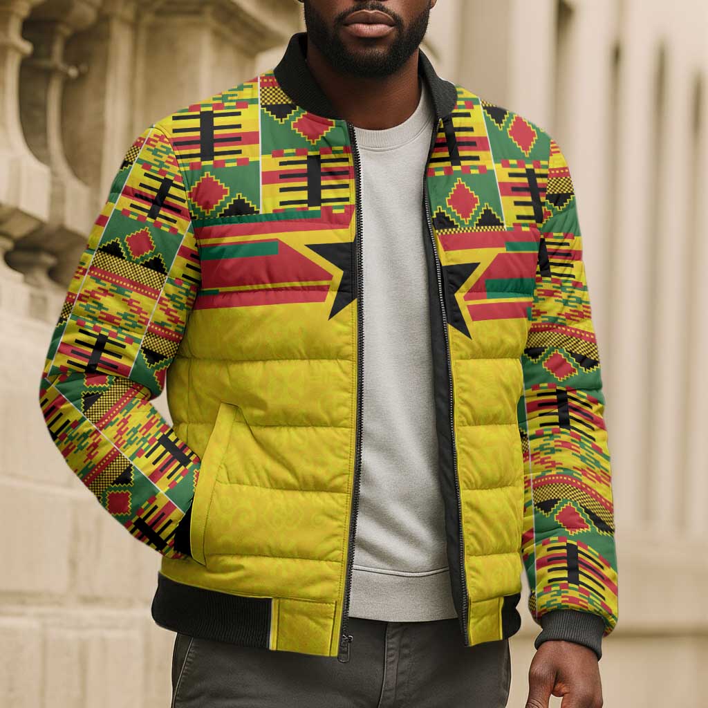 World Football 2026 Ghana Custom Bomber Puffer Jacket Black Stars African Kente Pattern - Wonder Print Shop