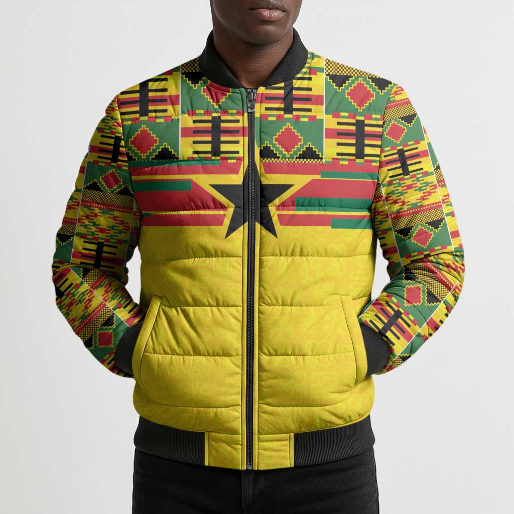 World Football 2026 Ghana Custom Bomber Puffer Jacket Black Stars African Kente Pattern - Wonder Print Shop