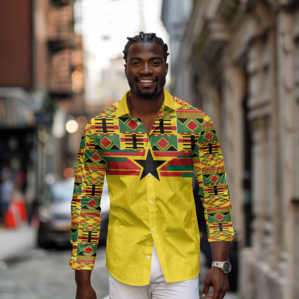 World Football 2026 Ghana Custom Long Sleeve Button Shirt Black Stars African Kente Pattern - Wonder Print Shop