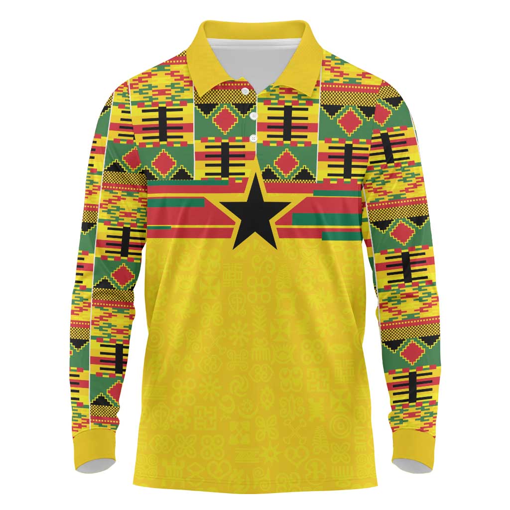 World Football 2026 Ghana Custom Long Sleeve Polo Shirt Black Stars African Kente Pattern - Wonder Print Shop