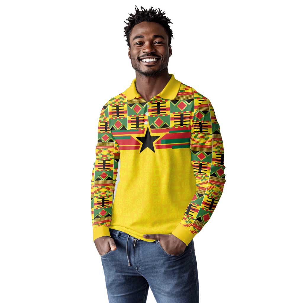 World Football 2026 Ghana Custom Long Sleeve Polo Shirt Black Stars African Kente Pattern - Wonder Print Shop