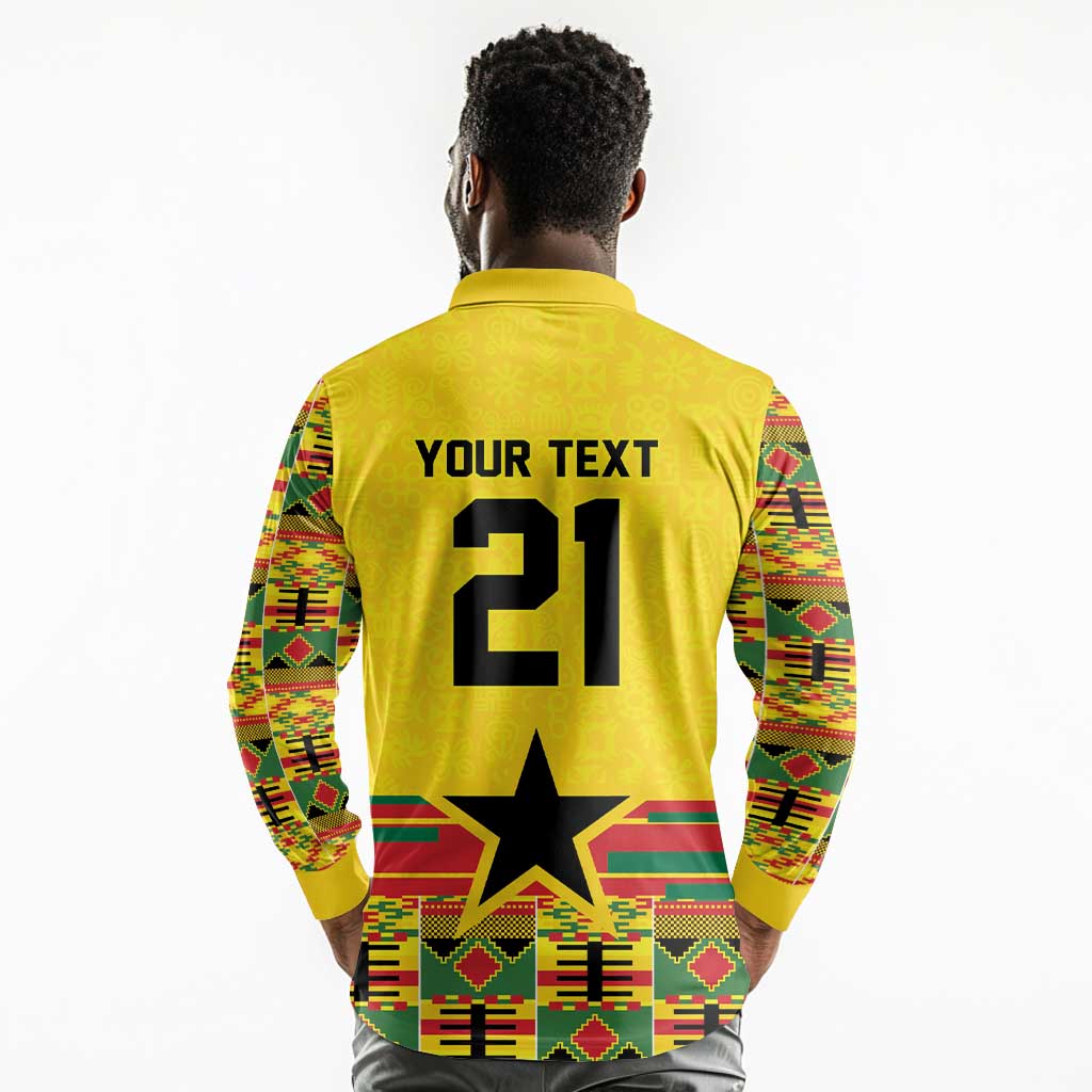 World Football 2026 Ghana Custom Long Sleeve Polo Shirt Black Stars African Kente Pattern - Wonder Print Shop