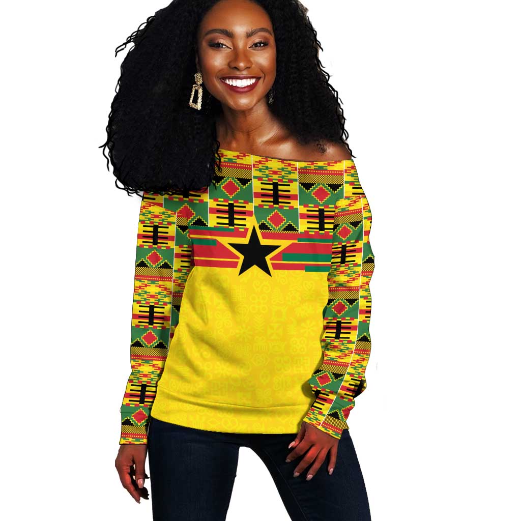 World Football 2026 Ghana Custom Off Shoulder Sweater Black Stars African Kente Pattern - Wonder Print Shop