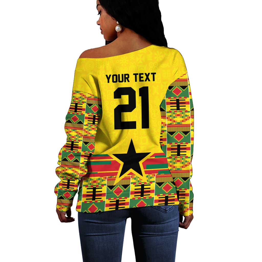 World Football 2026 Ghana Custom Off Shoulder Sweater Black Stars African Kente Pattern - Wonder Print Shop