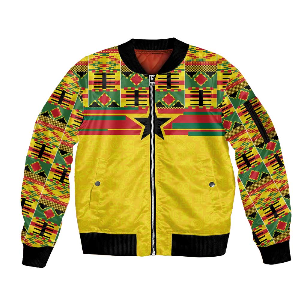 World Football 2026 Ghana Custom Sleeve Zip Bomber Jacket Black Stars African Kente Pattern - Wonder Print Shop