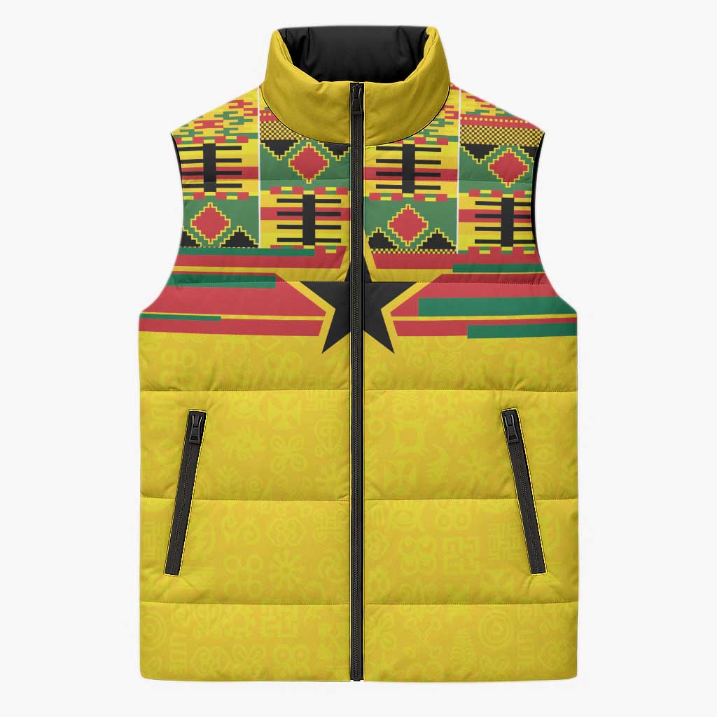 World Football 2026 Ghana Custom Sleeveless Puffer Jacket Black Stars African Kente Pattern - Wonder Print Shop