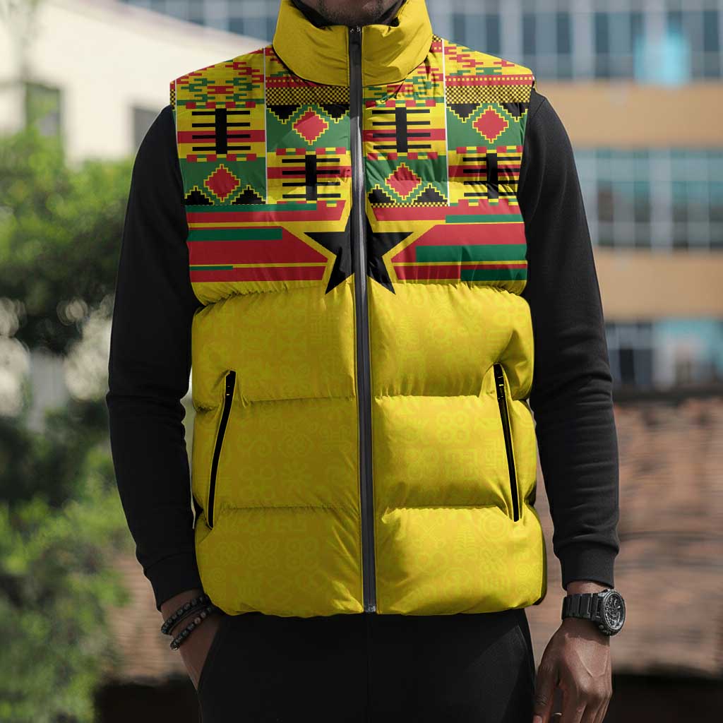 World Football 2026 Ghana Custom Sleeveless Puffer Jacket Black Stars African Kente Pattern - Wonder Print Shop