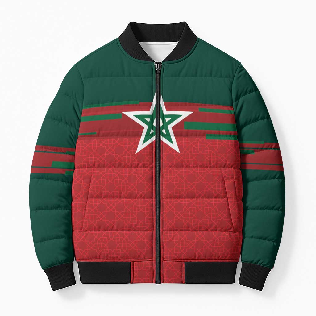 World Football 2026 Morocco Custom Bomber Puffer Jacket African Geometric Red Pattern - Wonder Print Shop