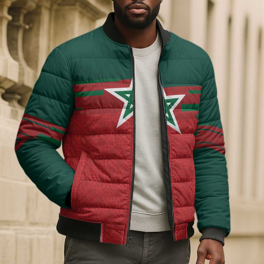 World Football 2026 Morocco Custom Bomber Puffer Jacket African Geometric Red Pattern - Wonder Print Shop