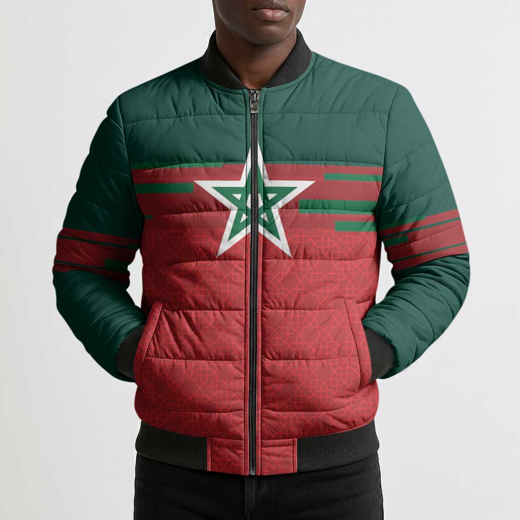 World Football 2026 Morocco Custom Bomber Puffer Jacket African Geometric Red Pattern - Wonder Print Shop