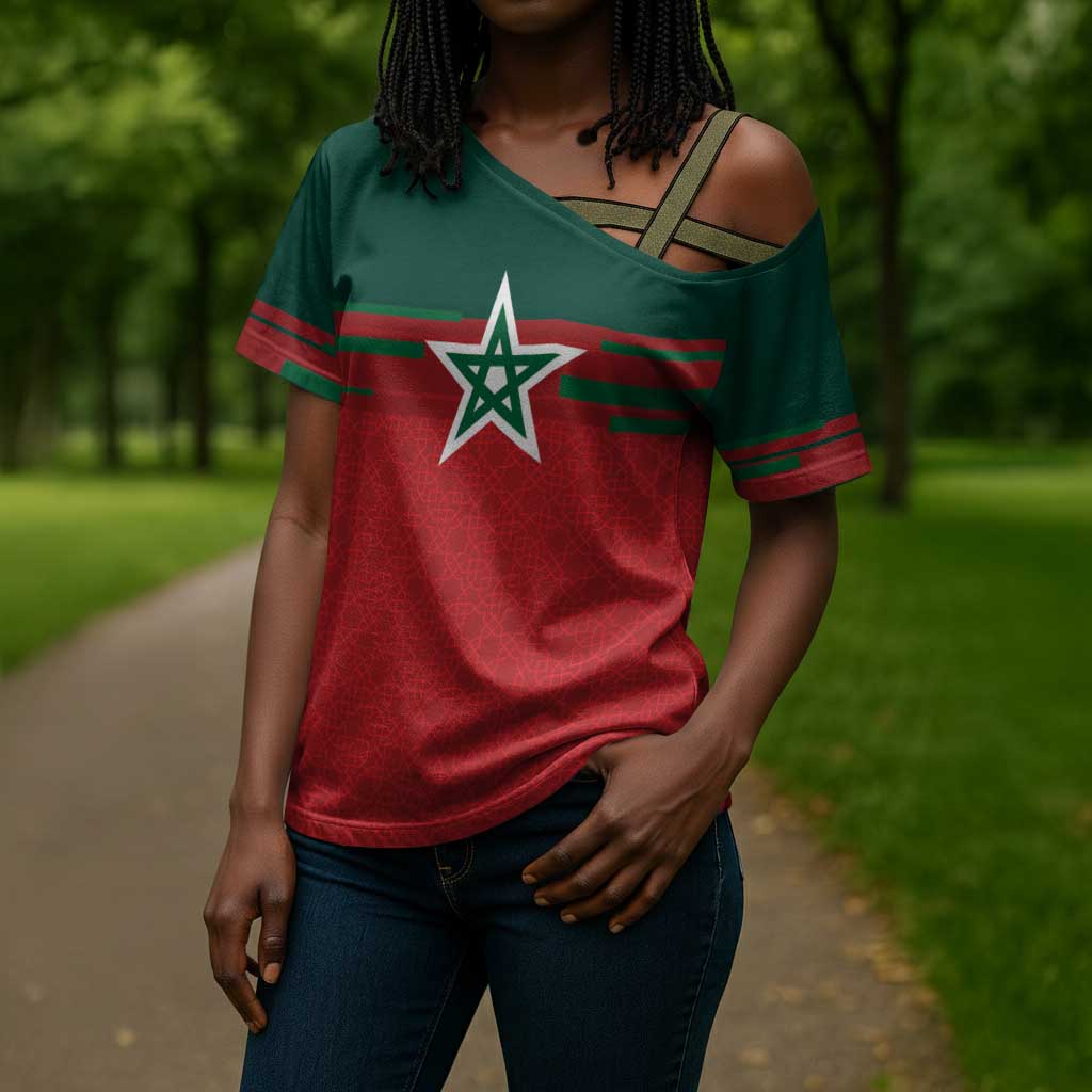 World Football 2026 Morocco Custom Cross Shoulder Shirt African Geometric Red Pattern - Wonder Print Shop